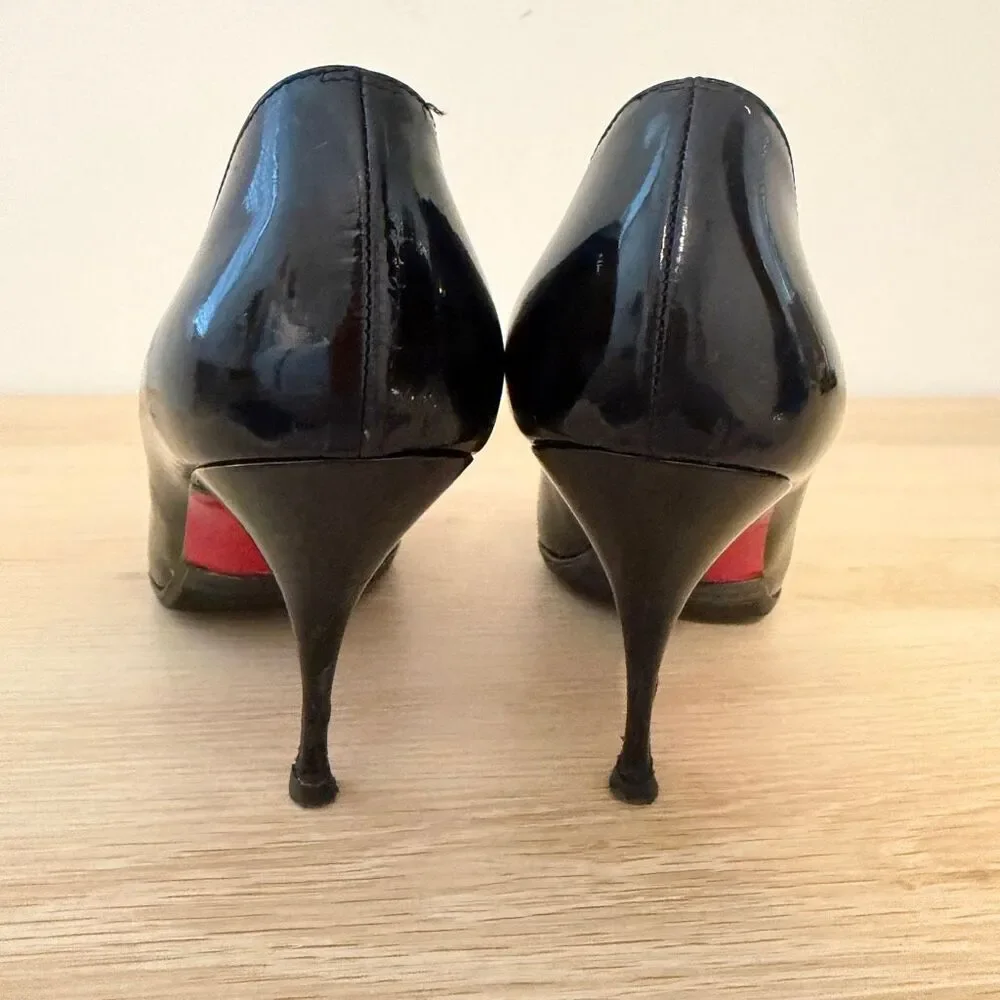 Christian Louboutin Black Patent Leather Peep Toe Stiletto Heels Size 39